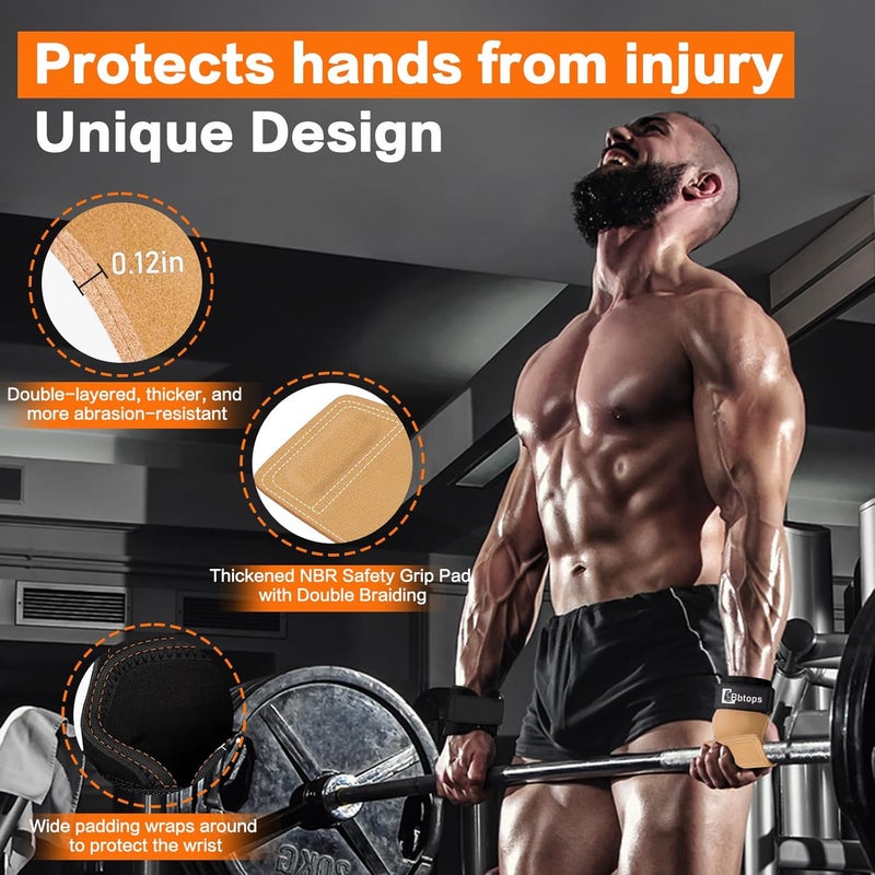 Bbtops Weight Lifting Wrist Strap, Double-Layer Leather Wrist Straps for Gym Strength Training Weightlifting,Deadlift and Powerlifting, Enhance Grip Strength Neoprene Padding Gym Workout Lifting Straps for Men & Women (Pair) - Image 4